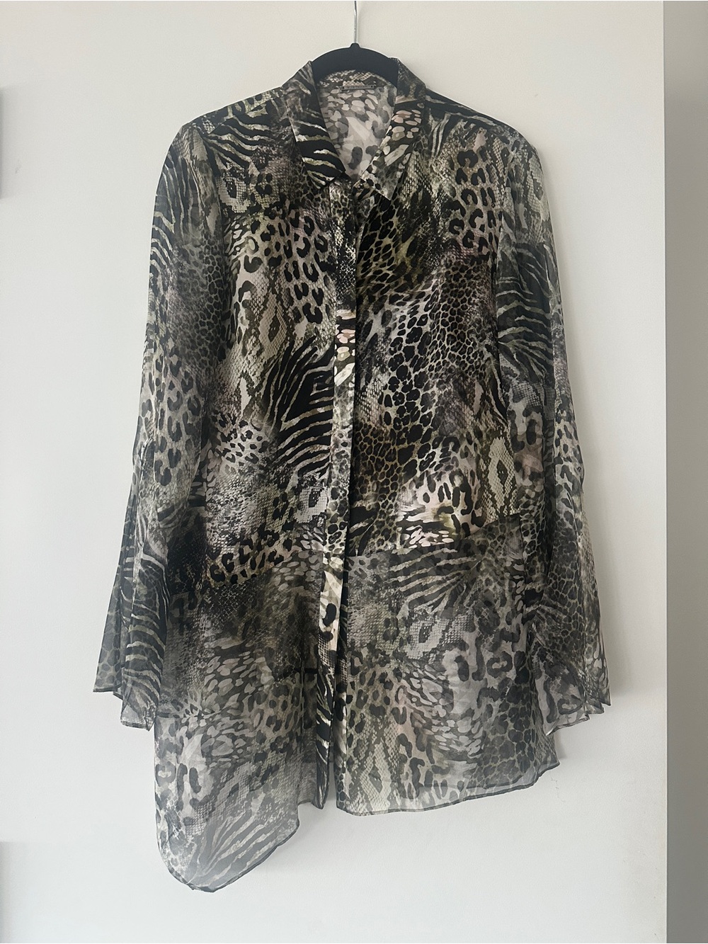 Elie Tahari Olive, Black and Cream Semi Sheer Animal Print Button-Down Blouse